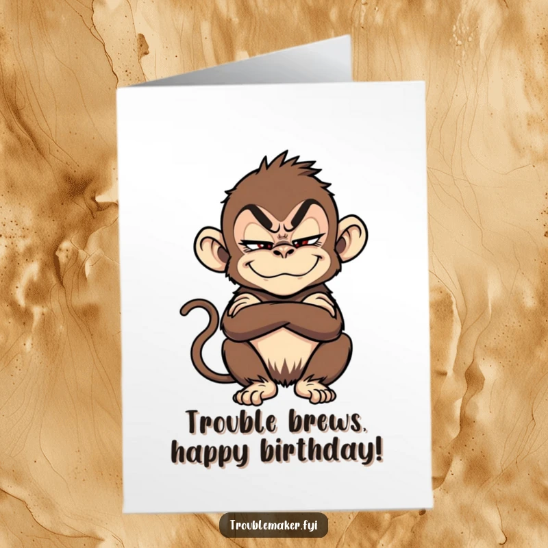 Funny Free Printable Birthday Card featuring a troublemaker monkey with a sly grin and arms crossed.