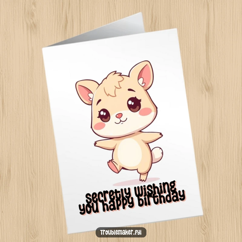 Funny free printable birthday card of an animal character doing a sneaky tiptoe with a mischievous twinkle, hinting at a surprise.