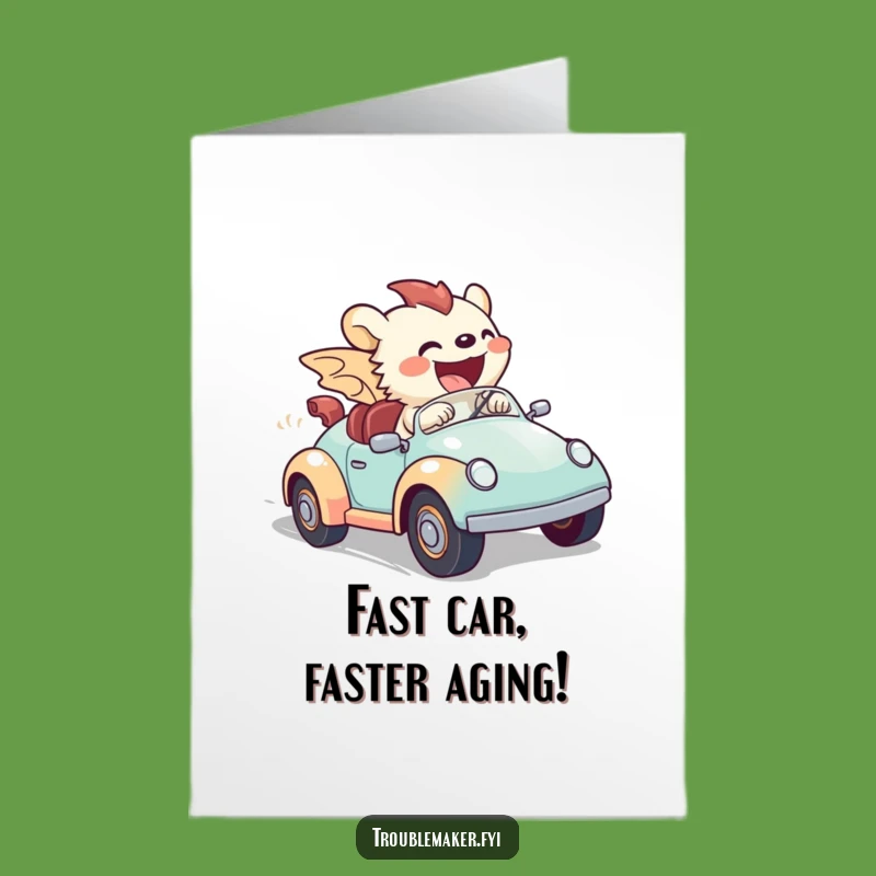 Free Printable Funny Birthday Card: Creature Speeding Toy Car, Hilarious Downloadable Gift