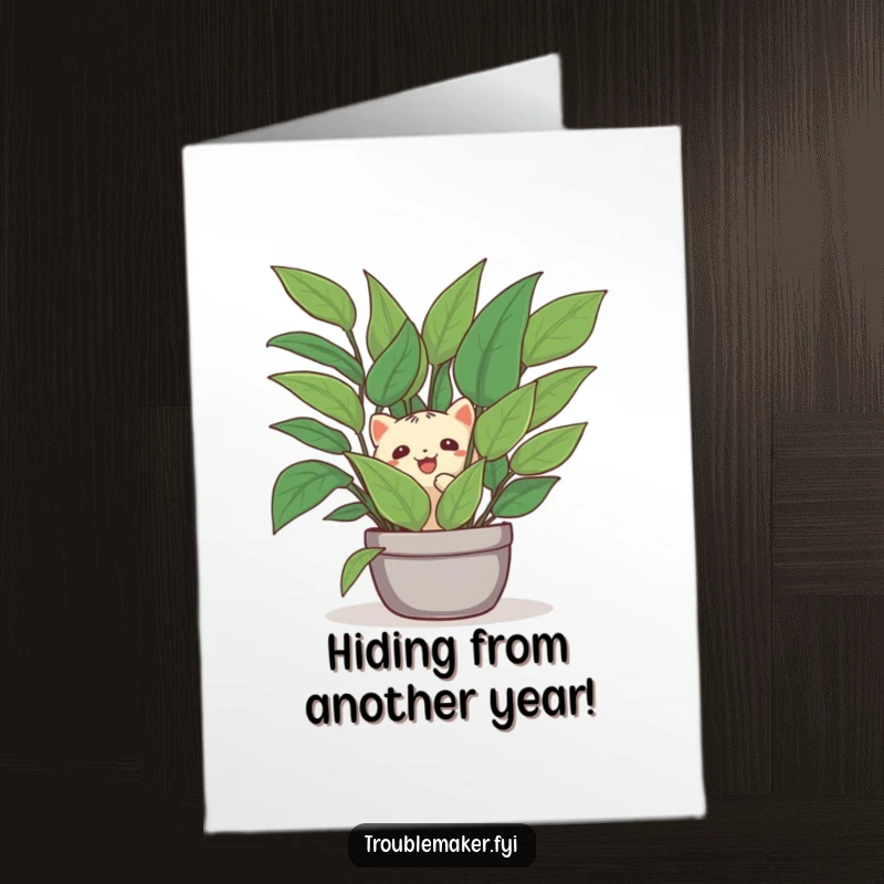 Funny Free Printable Birthday Card: Creature playfully peeking from behind a large houseplant, ready to surprise with birthday wishes.