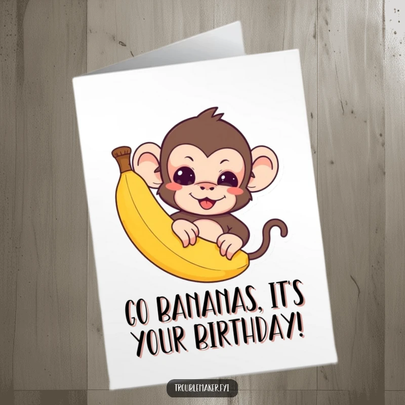 Funny Free Printable Birthday Card: Cute troublemaker monkey peeking from behind a banana, ready for birthday mischief. Downloadable DIY gift.