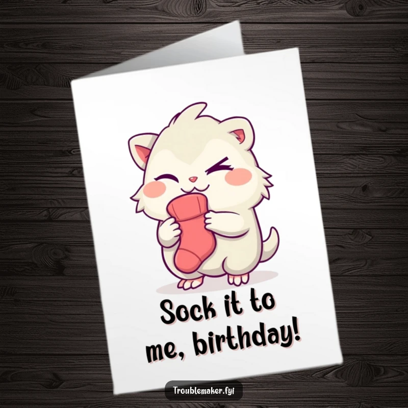 Funny Free Printable Birthday Card: Creature with a mischievous wink, holding one sock, implying a playful laundry heist for a birthday surprise.