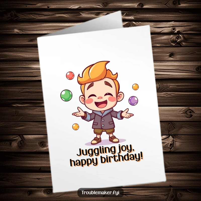 Funny Free Printable Birthday Card: Troublemaker character gleefully juggling colorful marbles with bright eyes.