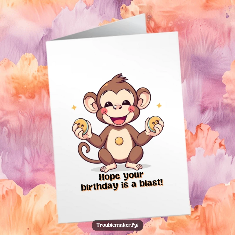 Funny Free Printable Birthday Card featuring a happy monkey expertly juggling three shiny stolen buttons with a grin.