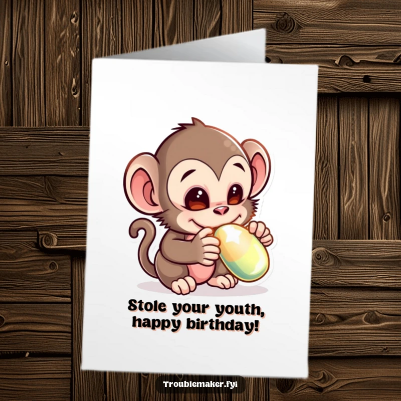 Funny free printable birthday card: Mischievous monkey creature with a sly grin stealing a shiny gold coin.