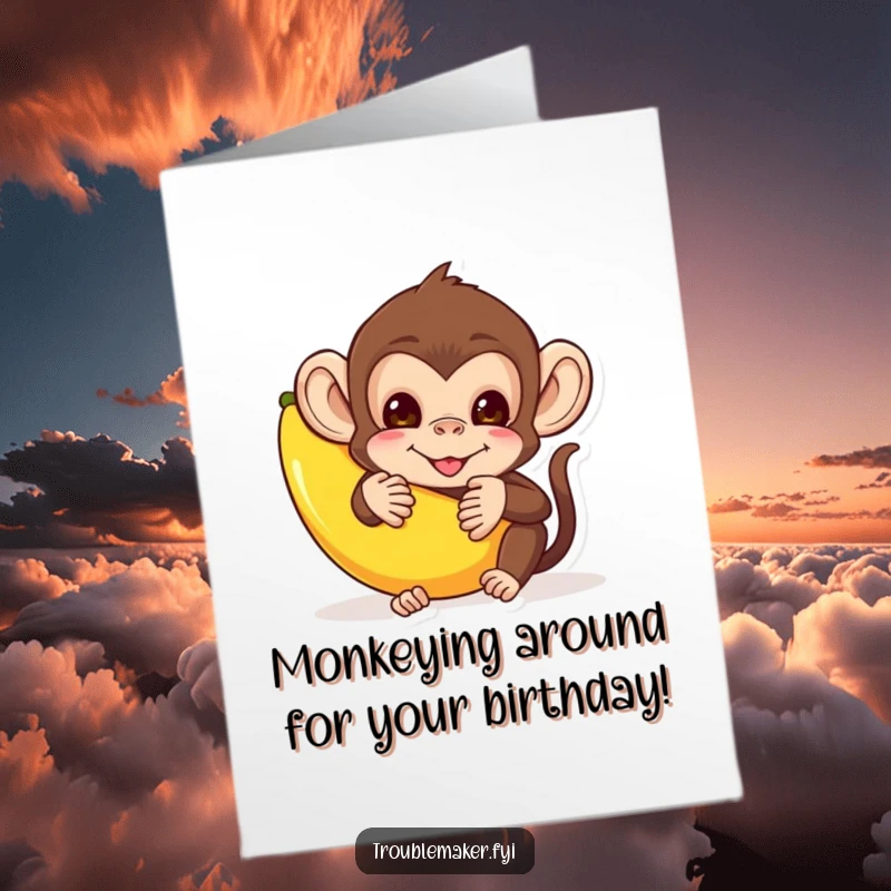 Funny free printable birthday card with a mischievous monkey hiding behind a banana peel, ready for a playful prank, a silly downloadable gift.