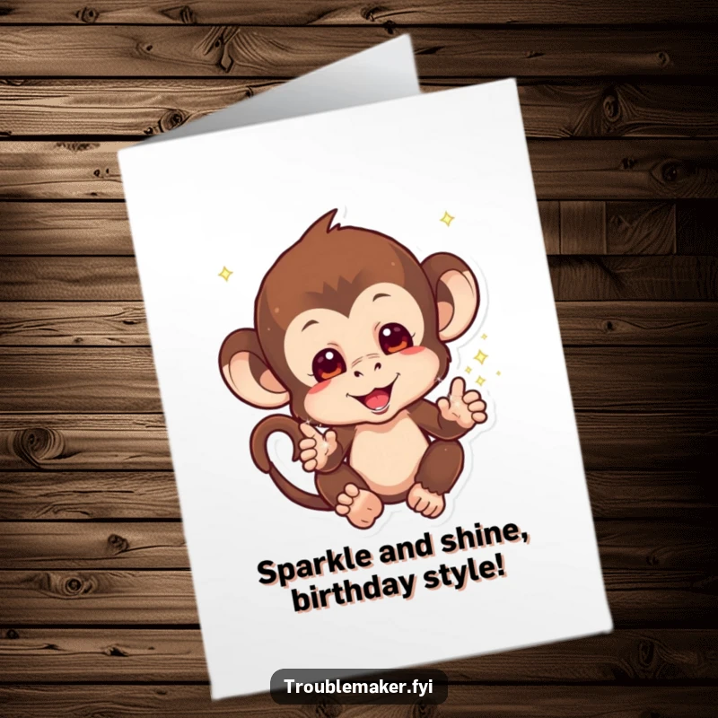Funny Free Printable Birthday Card: a monkey with sparkles falling from mischievous hands, celebrating a birthday with dazzling fun.