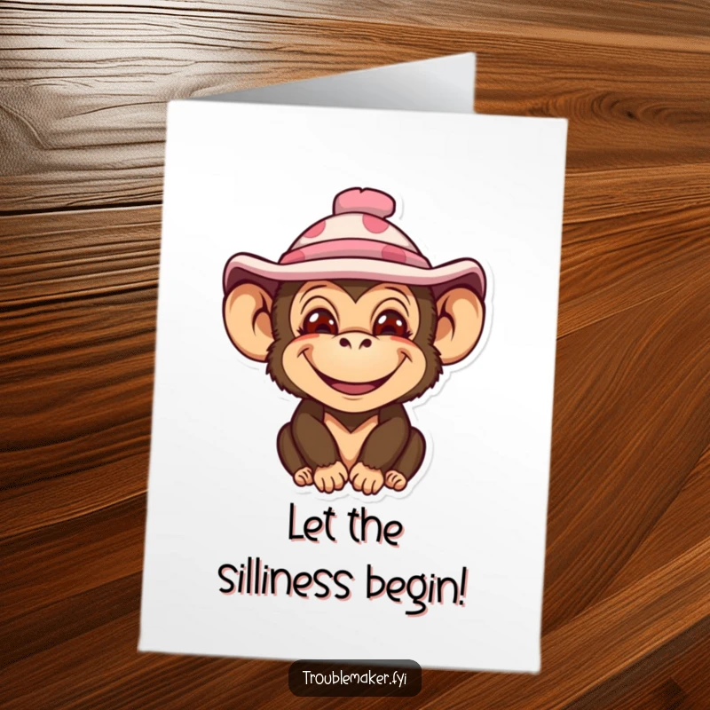 Funny Free Printable Birthday Card: Monkey with a wide impish smile wearing a brightly colored silly hat.