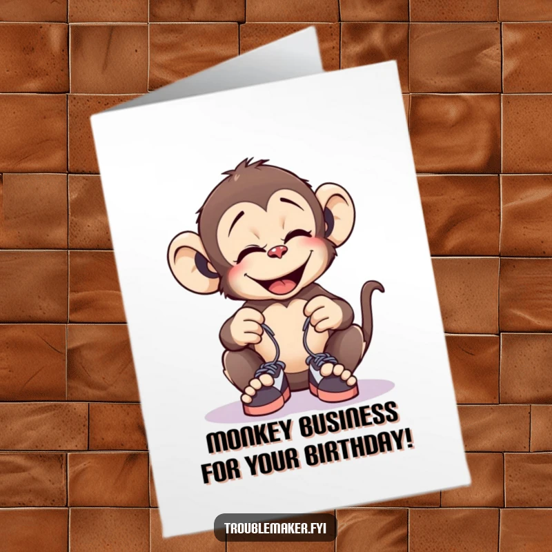 Funny Free Printable Birthday Card: A monkey giggles while tying tiny shoelaces together, planning a prank.