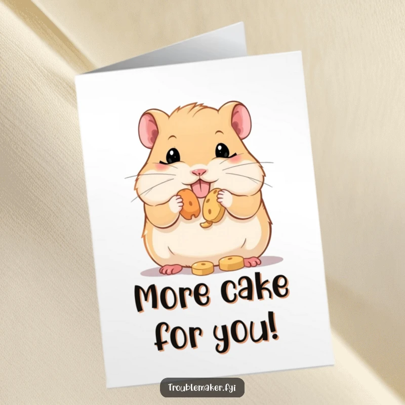 Funny Free Printable Birthday Card featuring a hamster with comically stuffed cheeks, ready to share birthday joy.