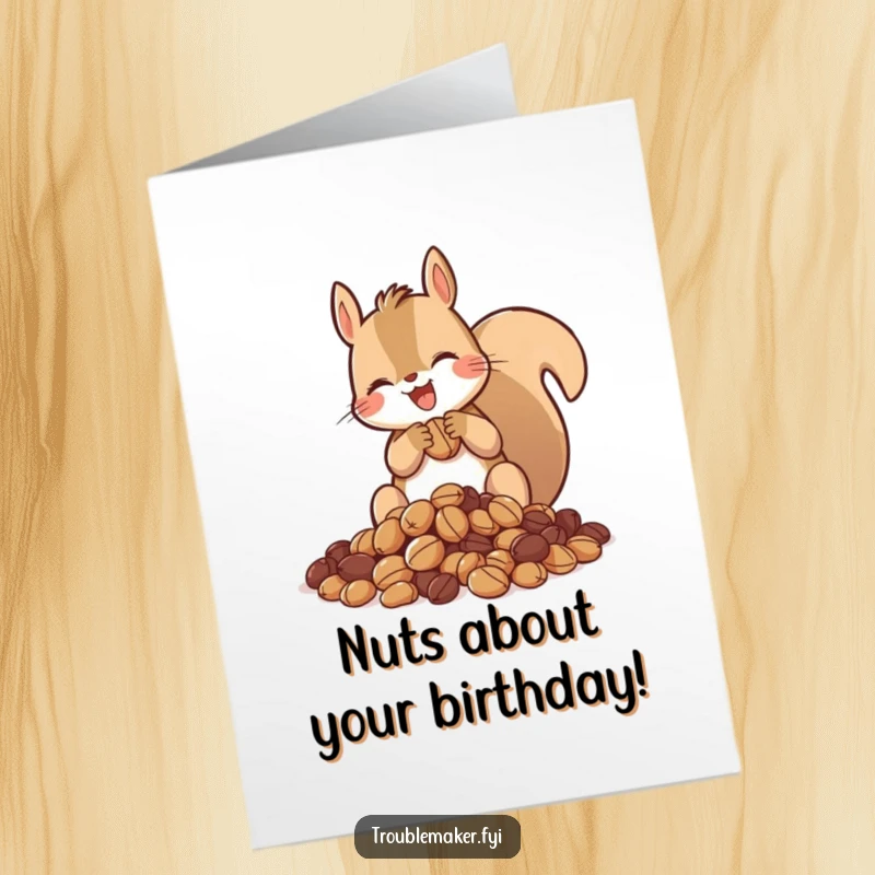 Funny free printable birthday card with a squirrel gleefully hoarding a large pile of nuts, celebrating abundance, a joyful downloadable gift.
