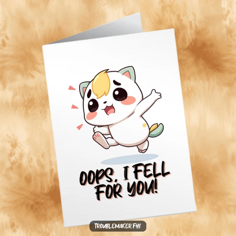 Funny Free Printable Birthday Card: Troublemaker character hilariously tripping over its own feet, ready for a birthday surprise.