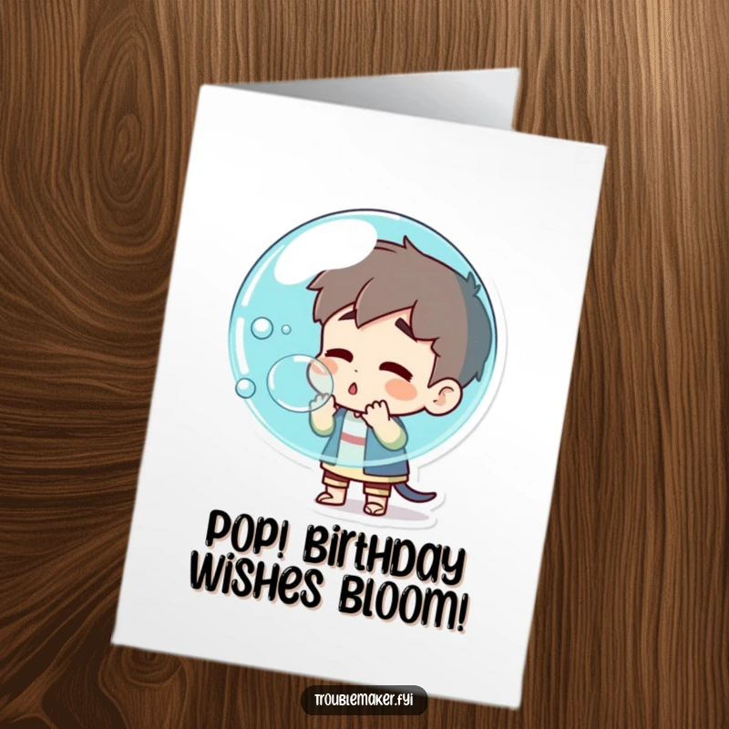 Funny Free Printable Birthday Card: Troublemaker character blowing a giant bubble that is about to pop.