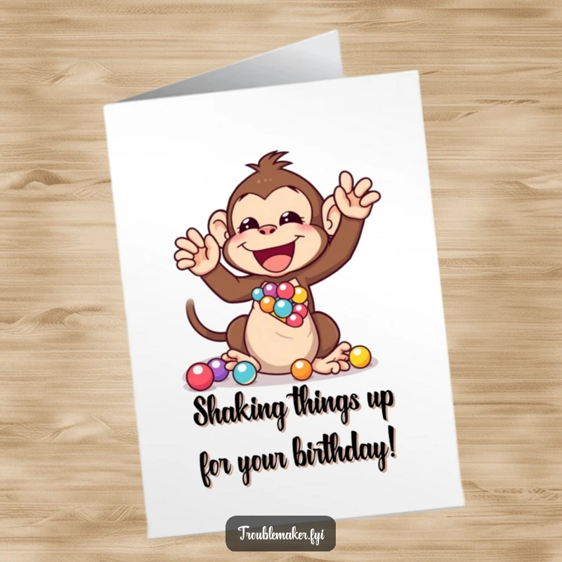 Funny Free Printable Birthday Card: Monkey gleefully shaking a bag of marbles, a hilarious DIY birthday gift.