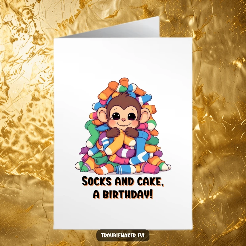 Funny Free Printable Birthday Card showing a monkey peeking from behind a huge pile of colorful lost socks.