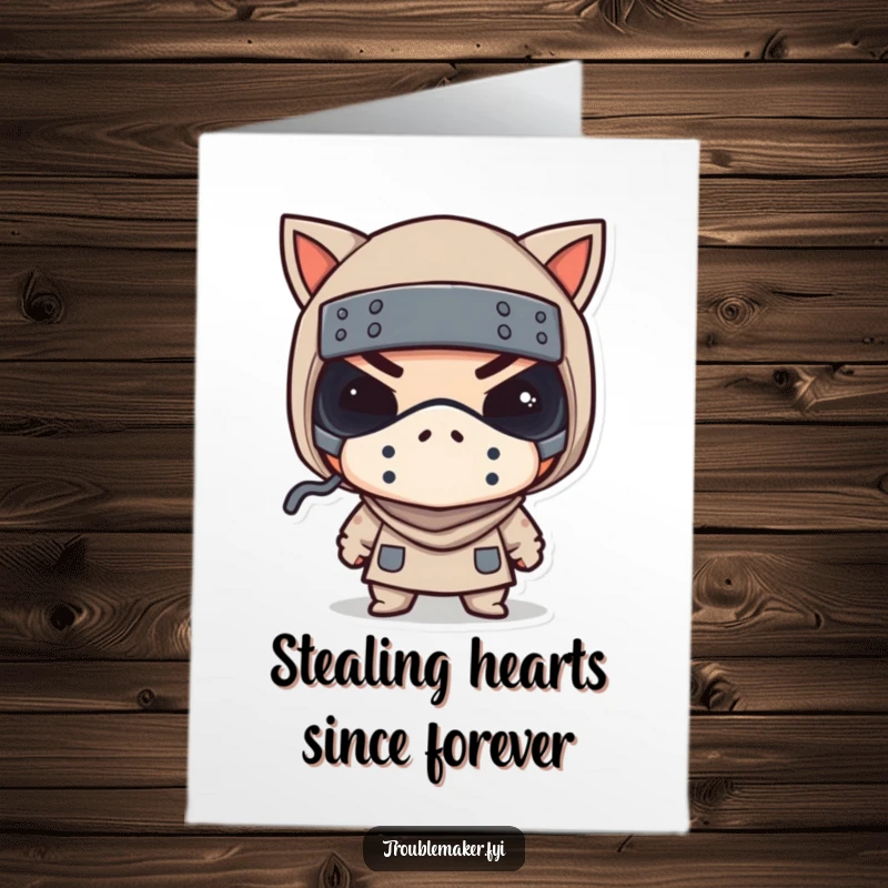 Funny Free Printable Birthday Card: Bandit character wearing a tiny mask winks playfully.