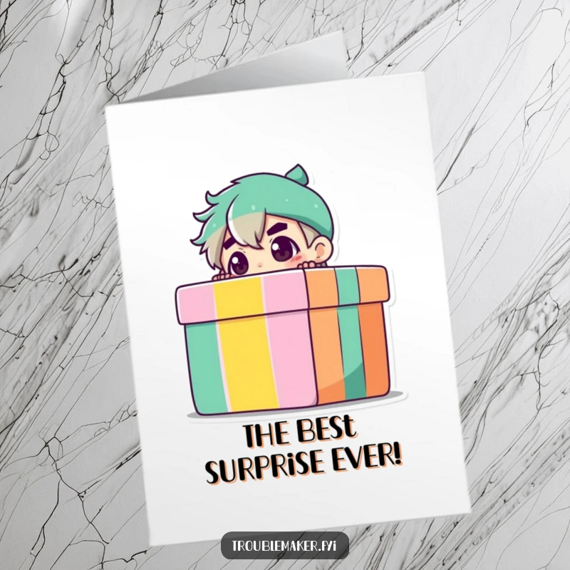 Funny Free Printable Congratulations Card: Troublemaker character peeking from behind a colorful gift box, announcing great news, downloadable art.