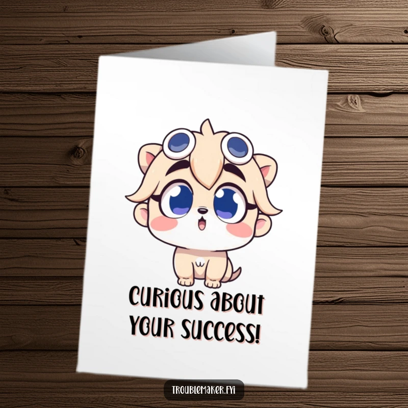 Funny Free Printable Congratulations Card showing a troublemaker character looking up with wide, curious eyes, anticipating new adventures.