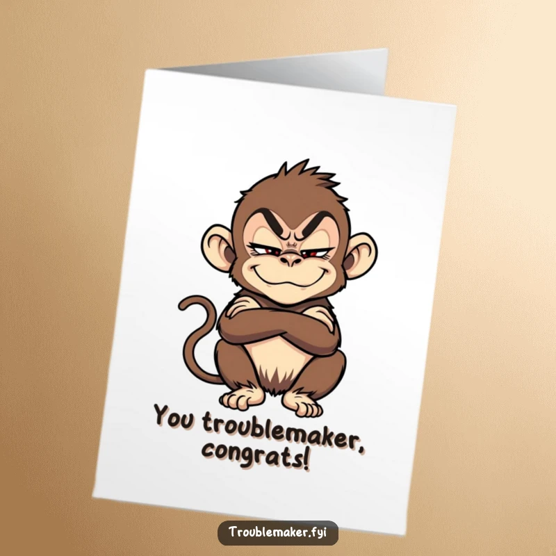 Funny Free Printable Congratulations Card showing a troublemaker monkey with a sly grin and crossed arms.