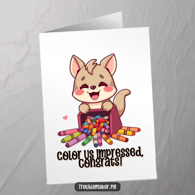 Funny Free Printable Congrats Card: Cute animal joyfully spills crayons, marking a vibrant and successful milestone.