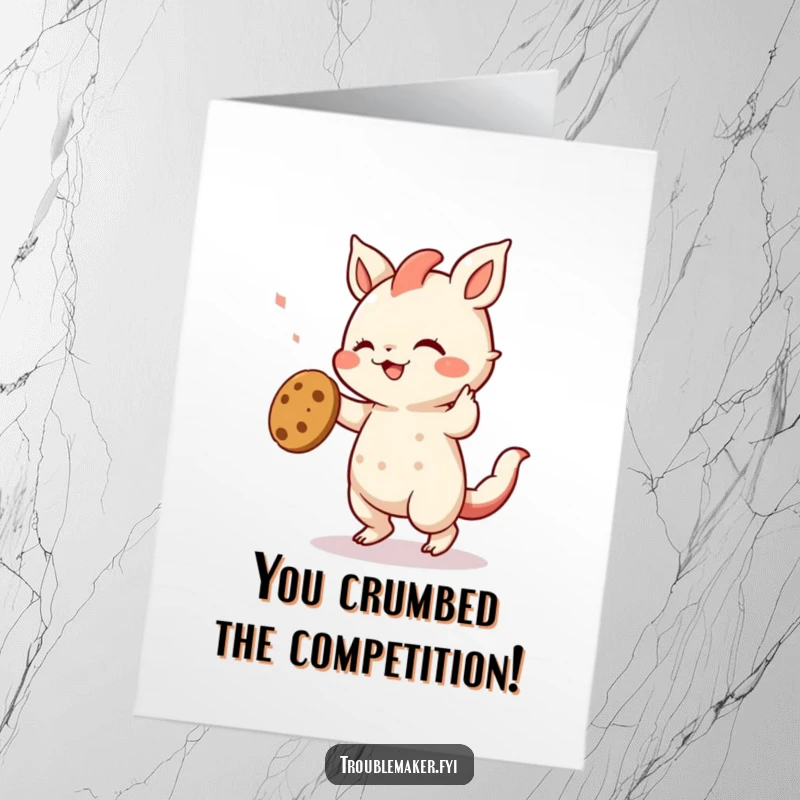 Funny Free Printable Congrats Card: Creature celebrating an achievement with a funny dance, triumphantly holding a stolen cookie, pure joy.