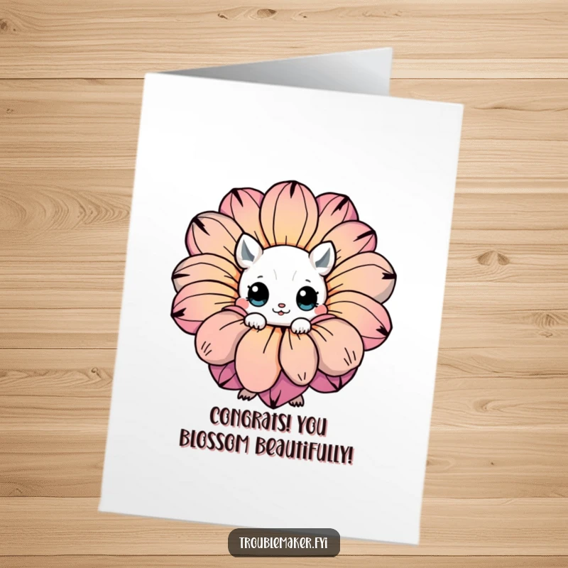 Funny Free Printable Congrats Card: A creature with soulful eyes peeking from behind a large, colorful flower, symbolizing quiet joy.