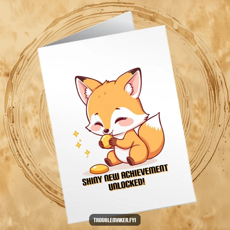 Funny Free Printable Congrats Card: A playful fox with a grabby paw snatches a glittering shiny object, celebrating victory.