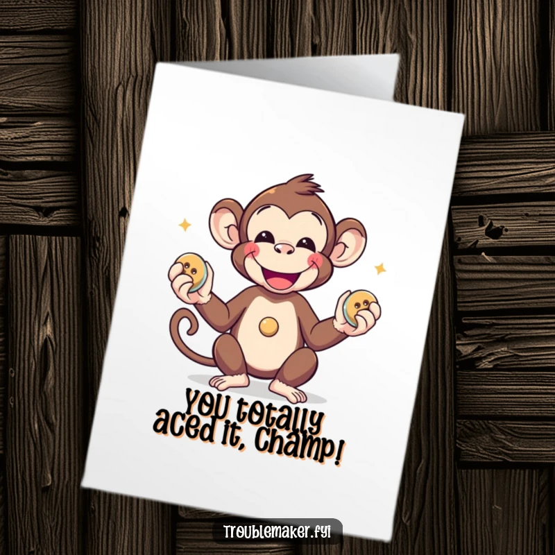 Funny Free Printable Congratulations Card of a smiling monkey skillfully juggling three shiny stolen buttons.