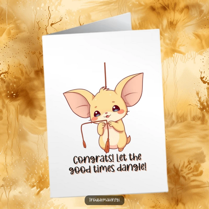 Funny Free Printable Congrats Card: Large-eared creature playfully swatting a dangling string, capturing a moment of simple, pure happiness.