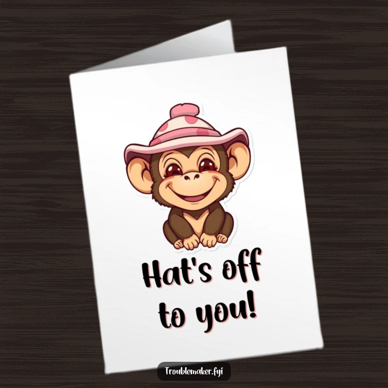 Funny Free Printable Congrats Card: Monkey wearing a silly hat with a wide, impish grin for celebrations.