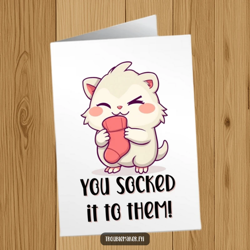 Funny Free Printable Congrats Card: Creature giving a mischievous wink while holding a single sock, celebrating an achievement with quirky humor.