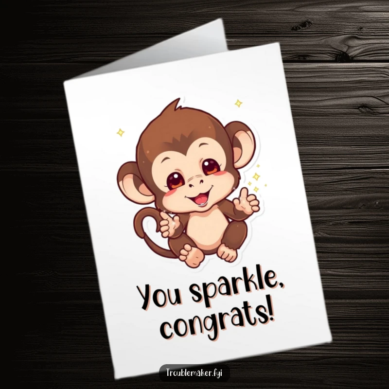 Funny Free Printable Congratulations Card: a monkey showering in sparkles from its hands, celebrating success with dazzling humor. A downloadable delight.