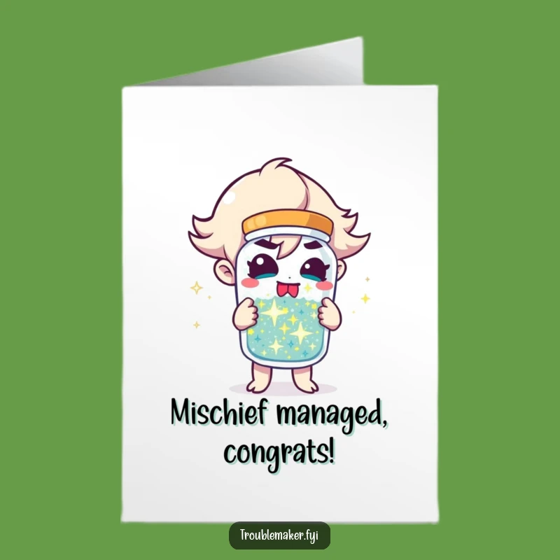 Congrats Free Printable Card: Mischief Jar Troublemaker, Humorous Achievement Download
