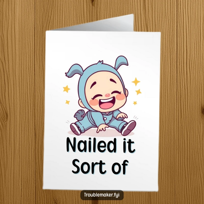 Funny Free Printable Congrats Card: Troublemaker character tripping and falling with a cheeky, silly grin.