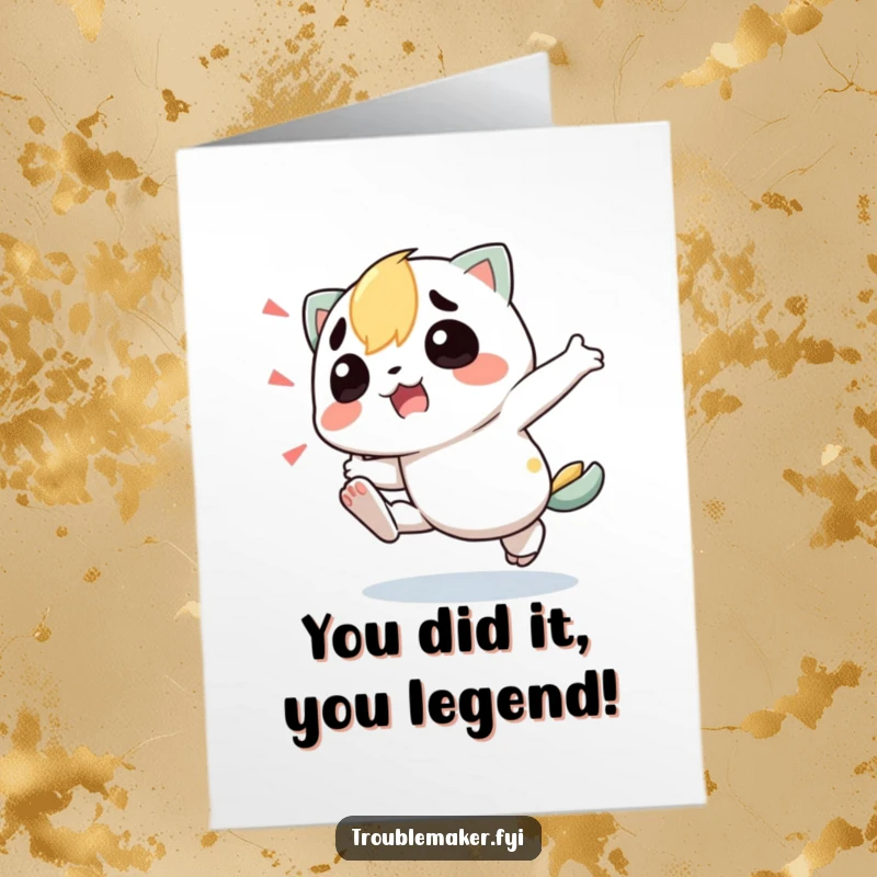 Funny Free Printable Congratulations Card: Troublemaker character tripping playfully, celebrating success with a stumble, downloadable art.