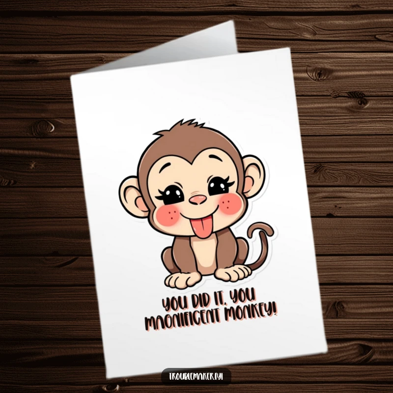Funny Free Printable Congrats Card: Cheeky monkey with tongue out giving a playful wink.