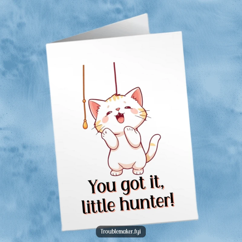 Funny Free Printable Congratulations Card: Playful cat focused on batting a dangling string, celebrating big wins.