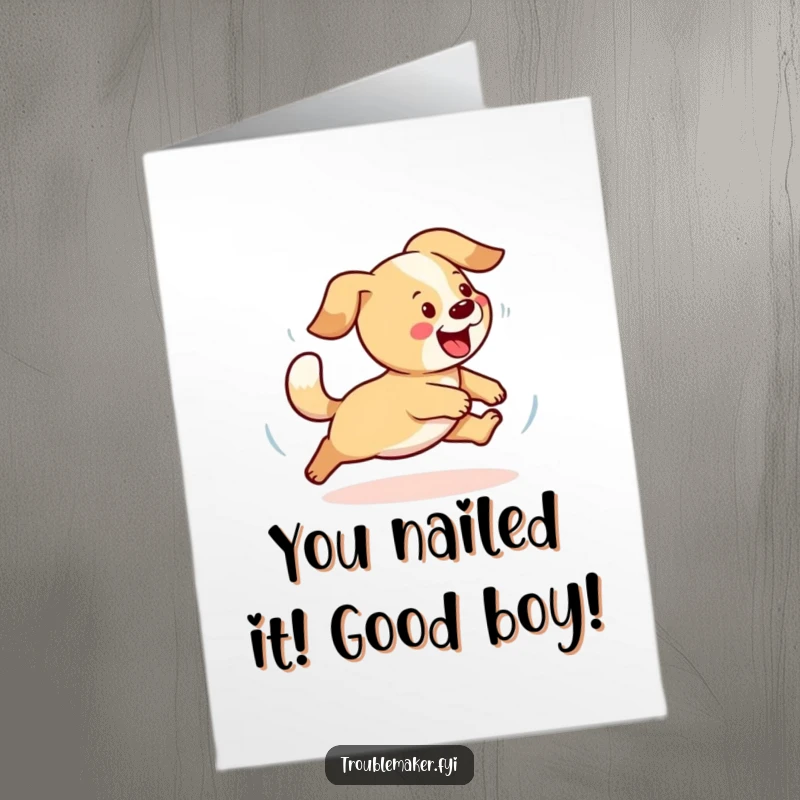 Funny Free Printable Congratulations Card: Energetic dog in mid-spin, joyfully chasing its wagging tail.