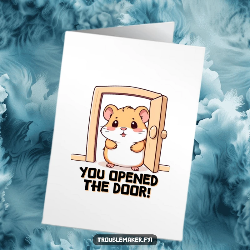 Free Printable Congratulations Card: A curious hamster peeking from a small, open door, signaling exciting news and congratulations.