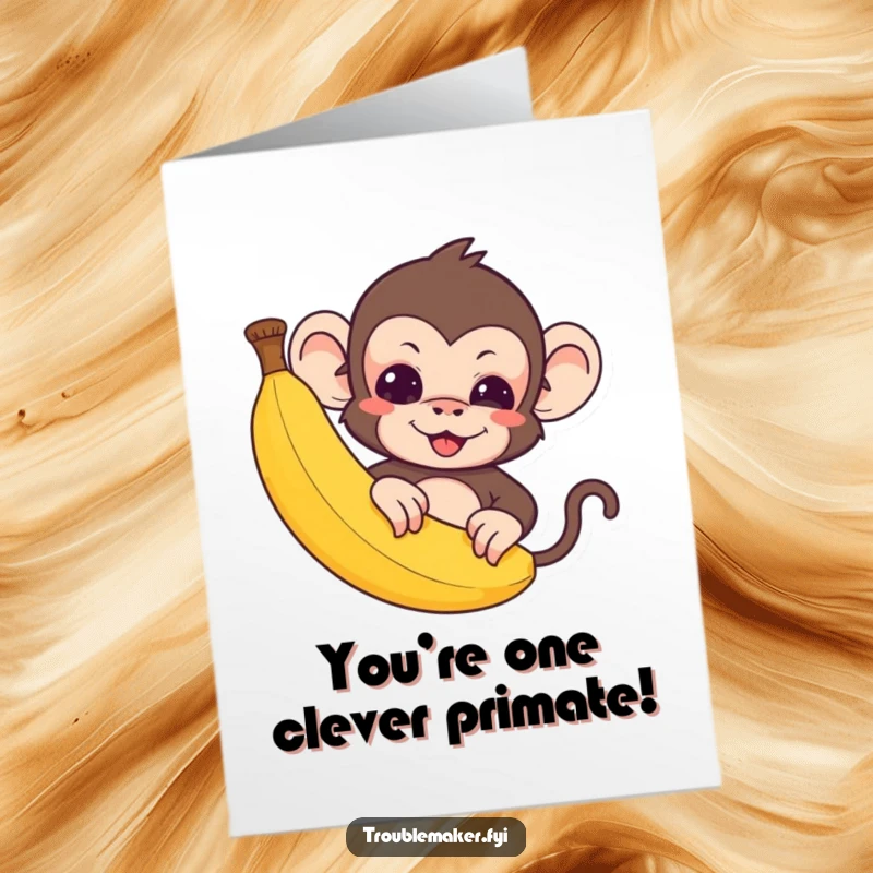 Funny Free Printable Congratulations Card: Cute troublemaker monkey peeking from behind a banana, celebrating a fun achievement. Downloadable DIY gift.