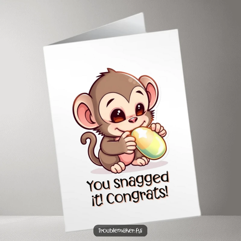 Funny free printable congratulations card: Mischievous monkey creature joyfully stealing a sparkly trophy.