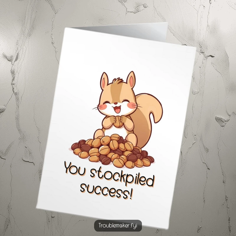 Funny free printable congratulations card with a gleeful squirrel hoarding nuts, celebrating a successful acquisition, a humorous downloadable art.