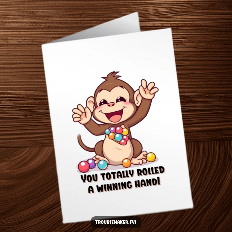 Funny Free Printable Congratulations Card: Monkey joyfully shaking a bag of marbles, a great downloadable gift.