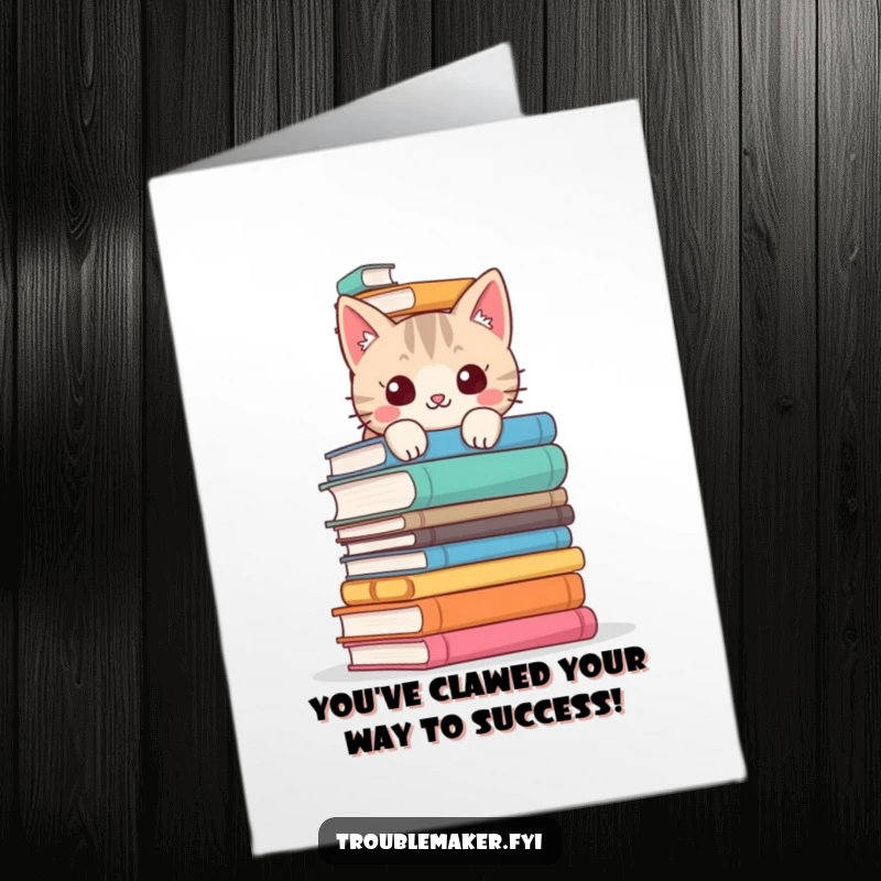 Funny Free Printable Congratulations Card: Mischievous cat peeking from behind books, giving a knowing look.