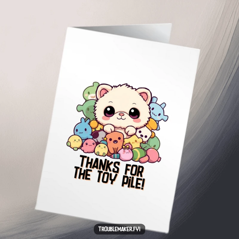 Funny free printable thank you card: A charming fuzzy creature with shy eyes peeking from a pile of stuffed animals.