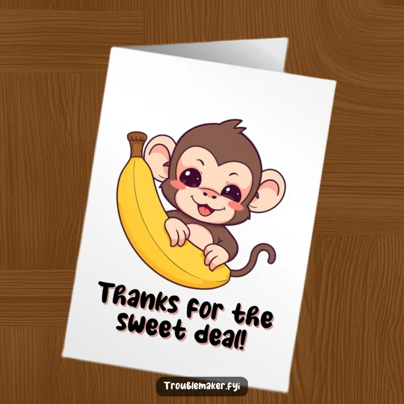 Funny Free Printable Thank You Card: Cute troublemaker monkey peeking from behind a banana, expressing thanks playfully. Downloadable DIY gift.