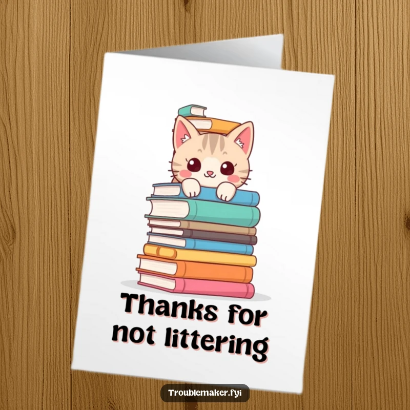 Funny Free Printable Thank You Card: Mischievous cat peeking from behind a tall stack of books, looking thankful.