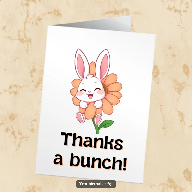Funny Free Printable Thank You Card: A happy bunny giggling behind a large flower, perfect for expressing heartfelt thanks humorously.