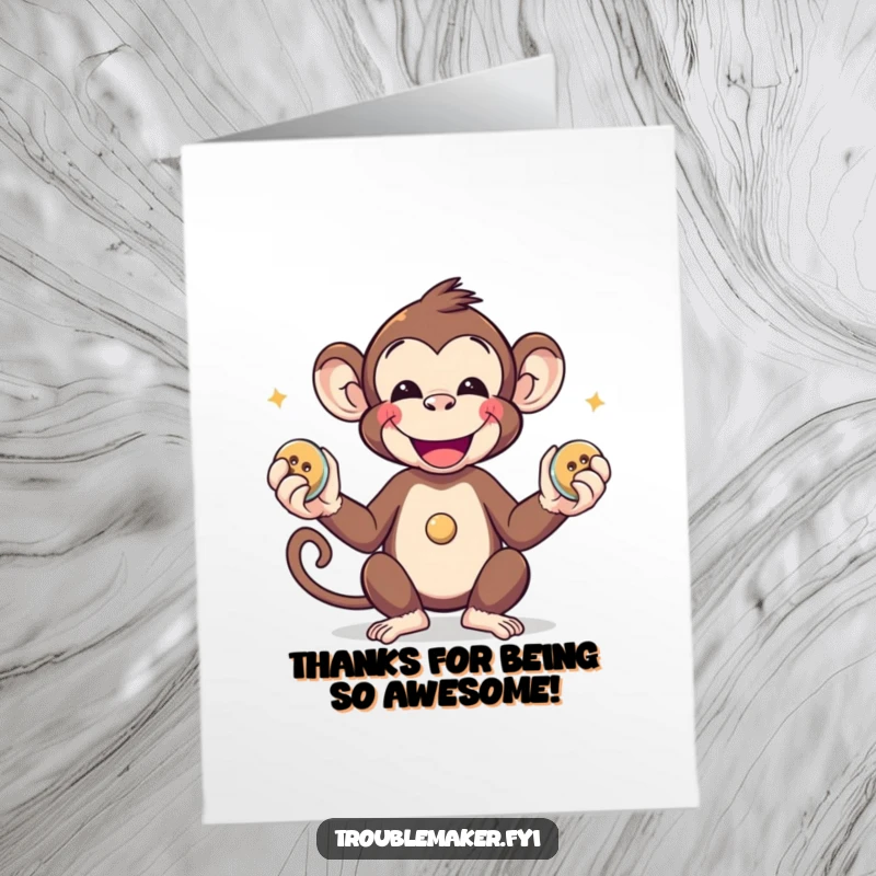 Funny Free Printable Thank You Card showing a happy monkey juggling three shiny stolen buttons.