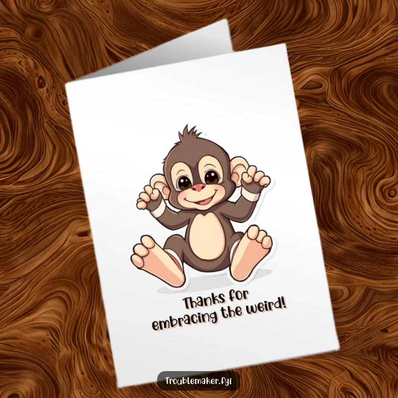 Funny Free Printable Thank You Card: Monkey sporting large, mismatched socks, a perfect DIY thank you.